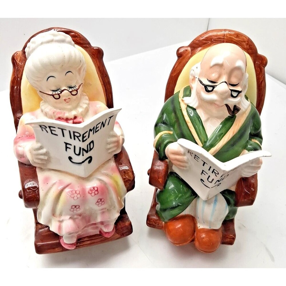 Vintage Lefton Grandma Grandpa Retirement Tire Fund Banks Figurines Set of 2